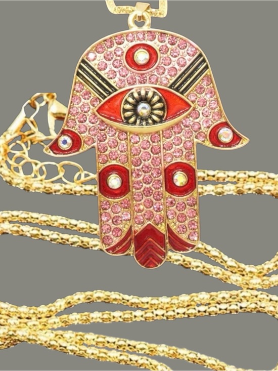 Source Unknown Jewelry - Hamsa Eye Red & Pink Enamel & Crystal Crystal Necklace with lobster clasp